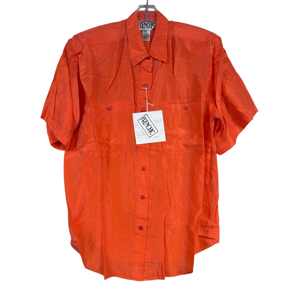 NWT Vintage Women Orange Washable Silk Short Sleeve Button Up Shirt Frenchic MED